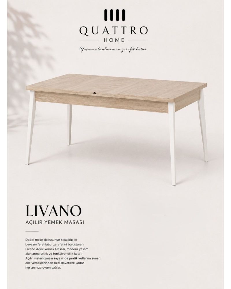 Livano Açılır Yemek Masası Meşe Görünümlü Beyaz Metal Ayaklı 140–180 cm