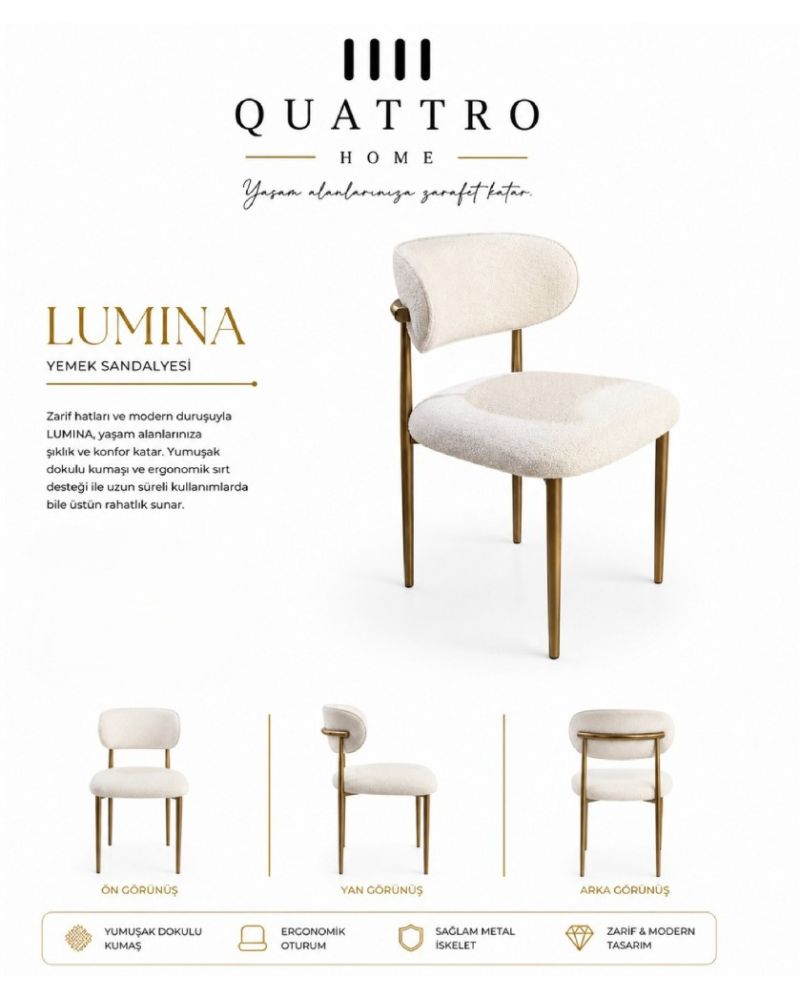 Lumina Gold Metal Ayaklı Krem Yemek Sandalyesi – Ergonomik Sırtlı
