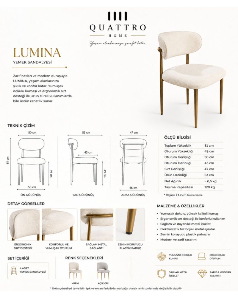 Lumina Gold Metal Ayaklı Krem Yemek Sandalyesi – Ergonomik Sırtlı