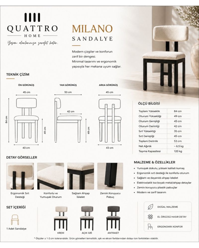 Milano Krem Kumaşlı Siyah Ayaklı Modern Yemek Sandalyesi