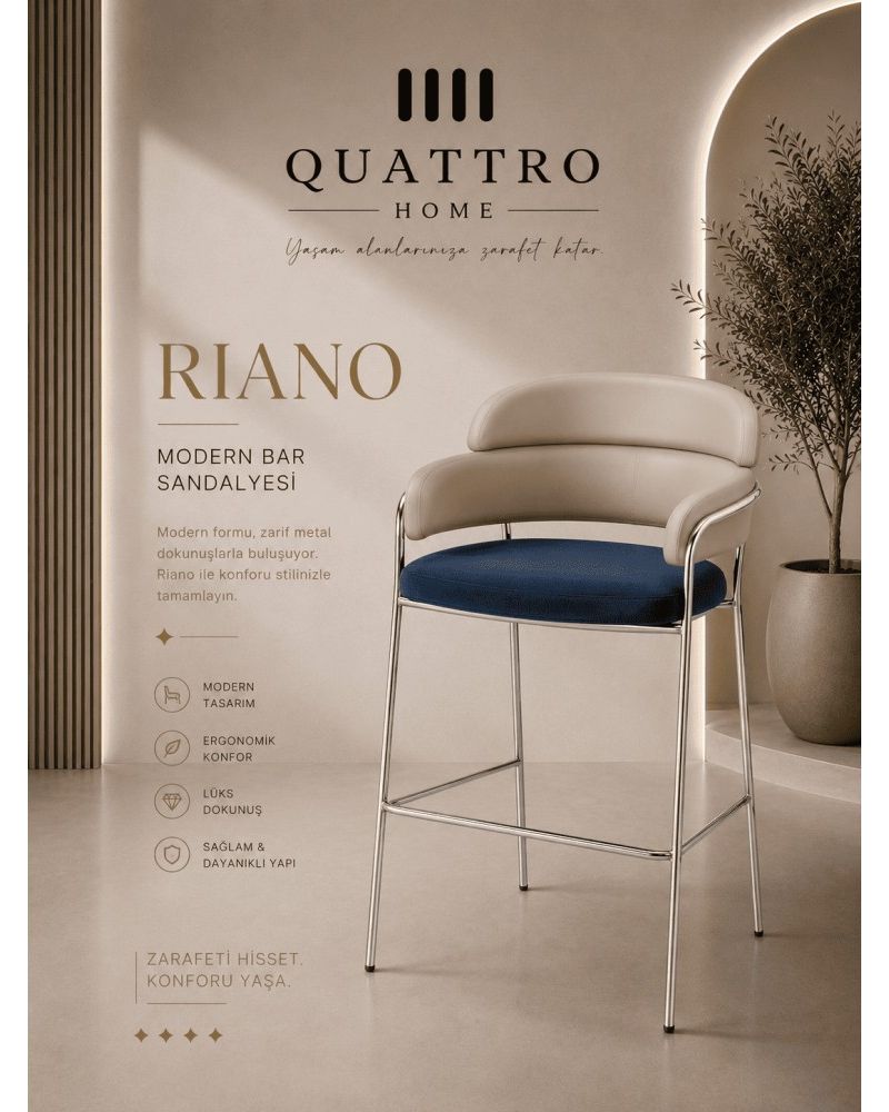 Riano Modern Bar Sandalyesi Metal İskeletli Ergonomik Lüks Bar Sandalyesi