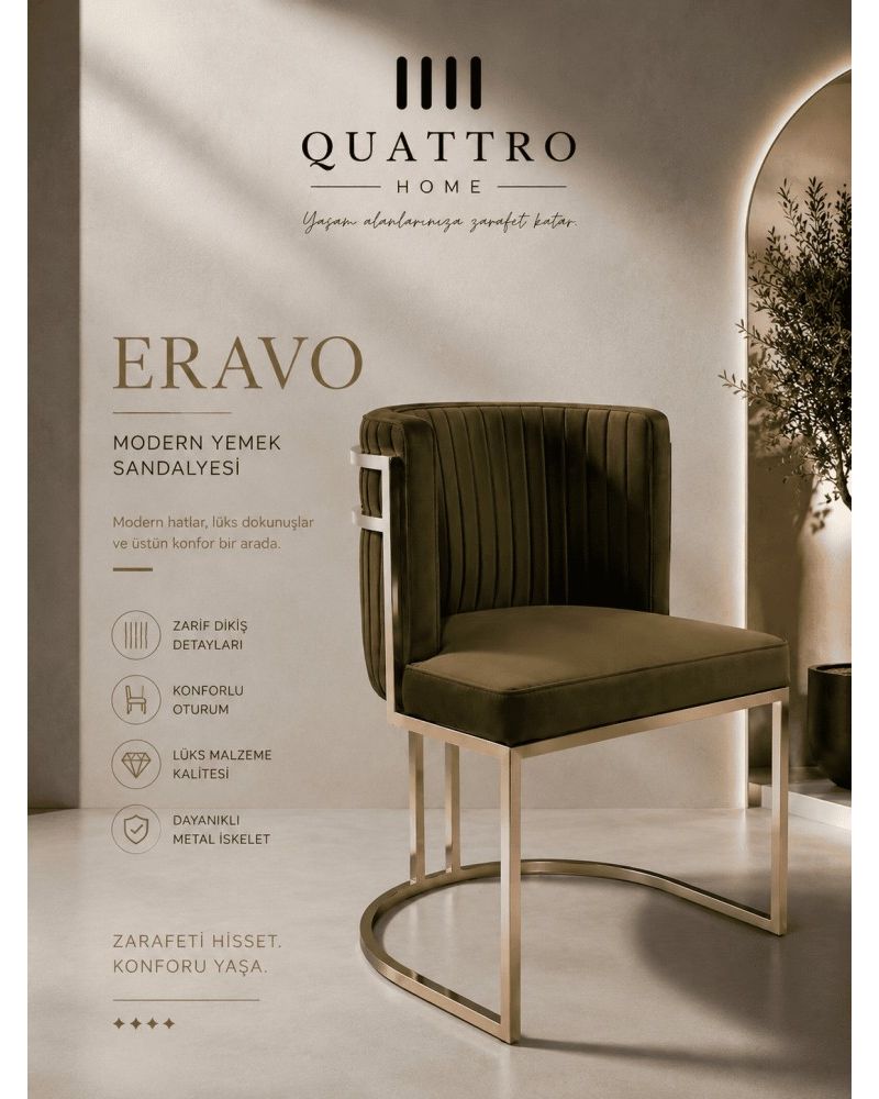Eravo Modern Yemek Sandalyesi Gold Metal İskeletli Lüks Sandalye