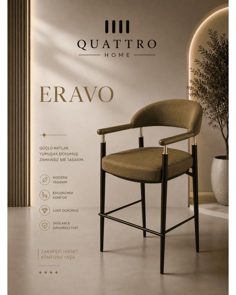 Eravo Modern Bar Sandalyesi Ahşap Kollu Metal Ayaklı Ergonomik Sandalye