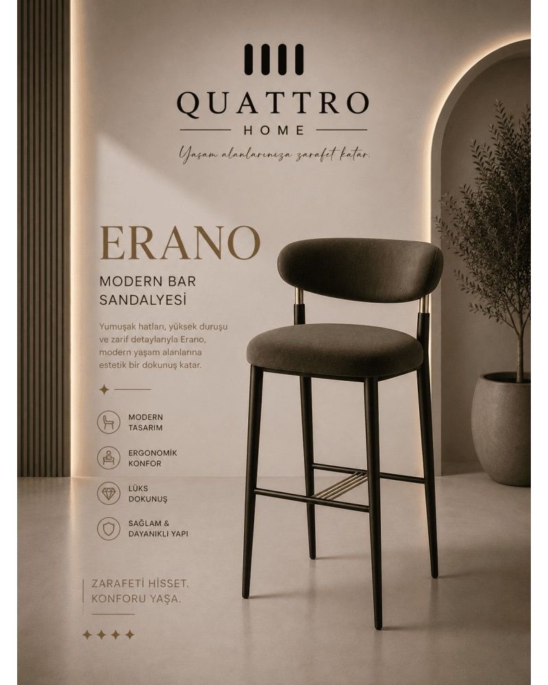 Erano Modern Bar Sandalyesi Ergonomik Konforlu Metal Ayaklı Bar Sandalyesi