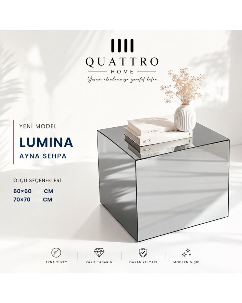 Quattro Home Lumina Ayna Sehpa Füme Aynalı Modern Küp Sehpa