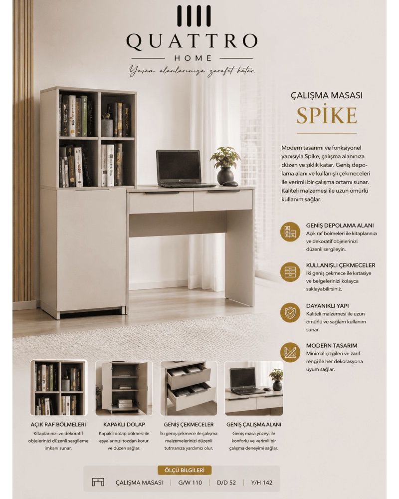 Quattro Home Spike Çalışma Masası  Modern Raflı ve Çekmeceli Çalışma Masası