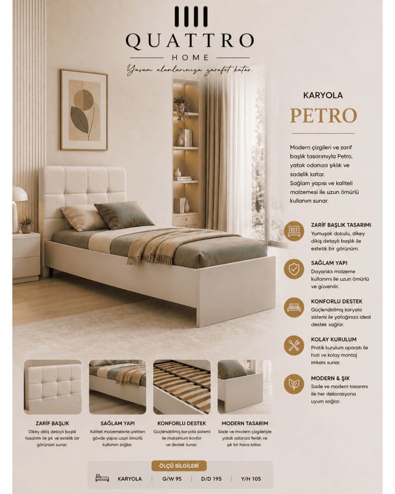 Quattro Home Petro Karyola Modern Başlıklı Tek Kişilik Karyola