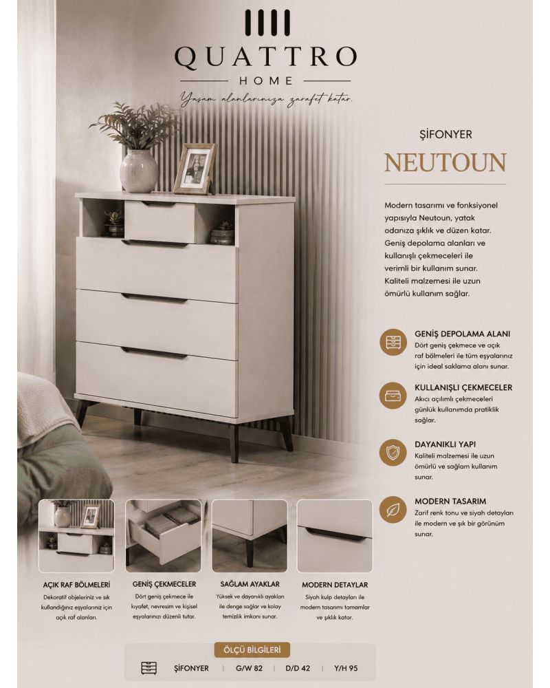 Quattro Home Neutoun Şifonyer Modern Geniş Çekmeceli Yatak Odası Şifonyeri