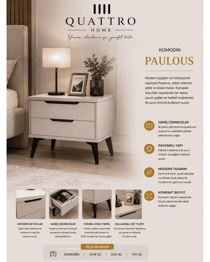 Quattro Home Paulous Komodin Modern 2 Çekmeceli Yatak Odası Komodini