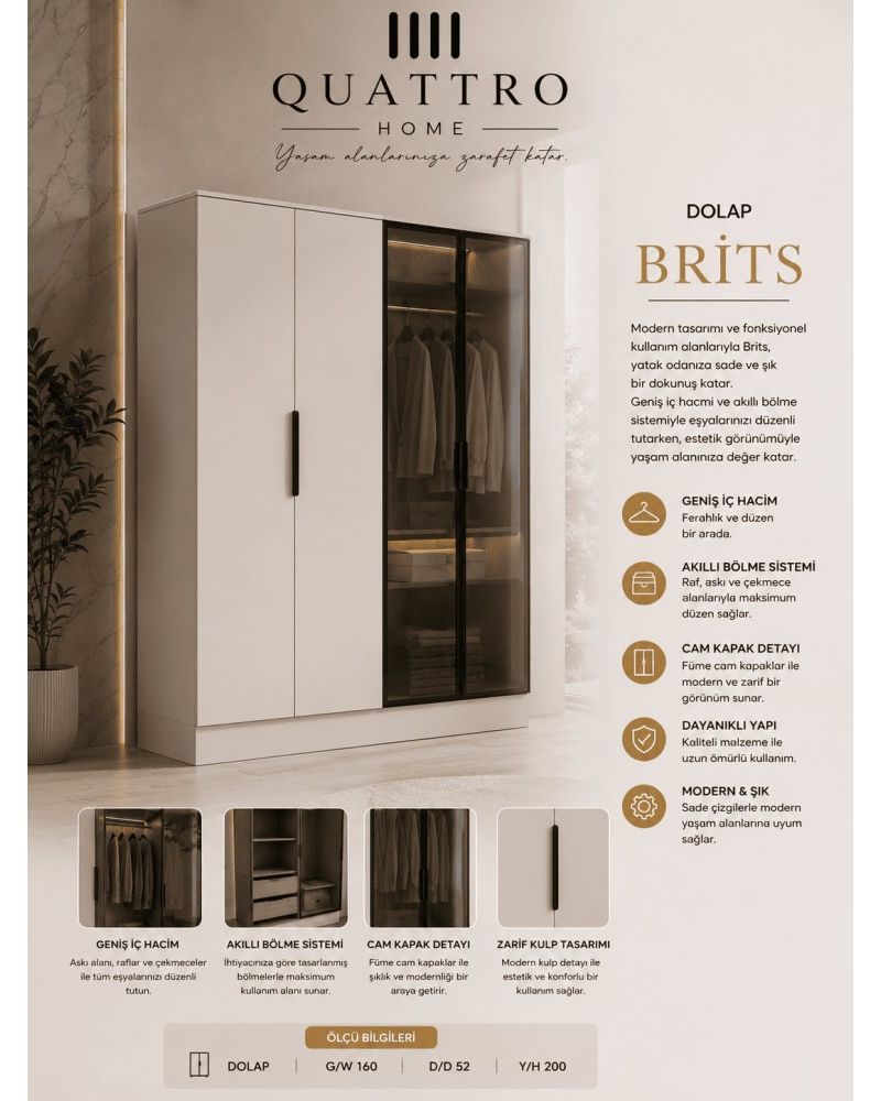 Quattro Home Brits Modern Cam Kapaklı Geniş Gardırop