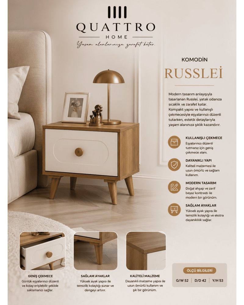 Quattro Home Russlei Komodin – Modern Ahşap Beyaz Çekmeceli Yatak Odası Komodini