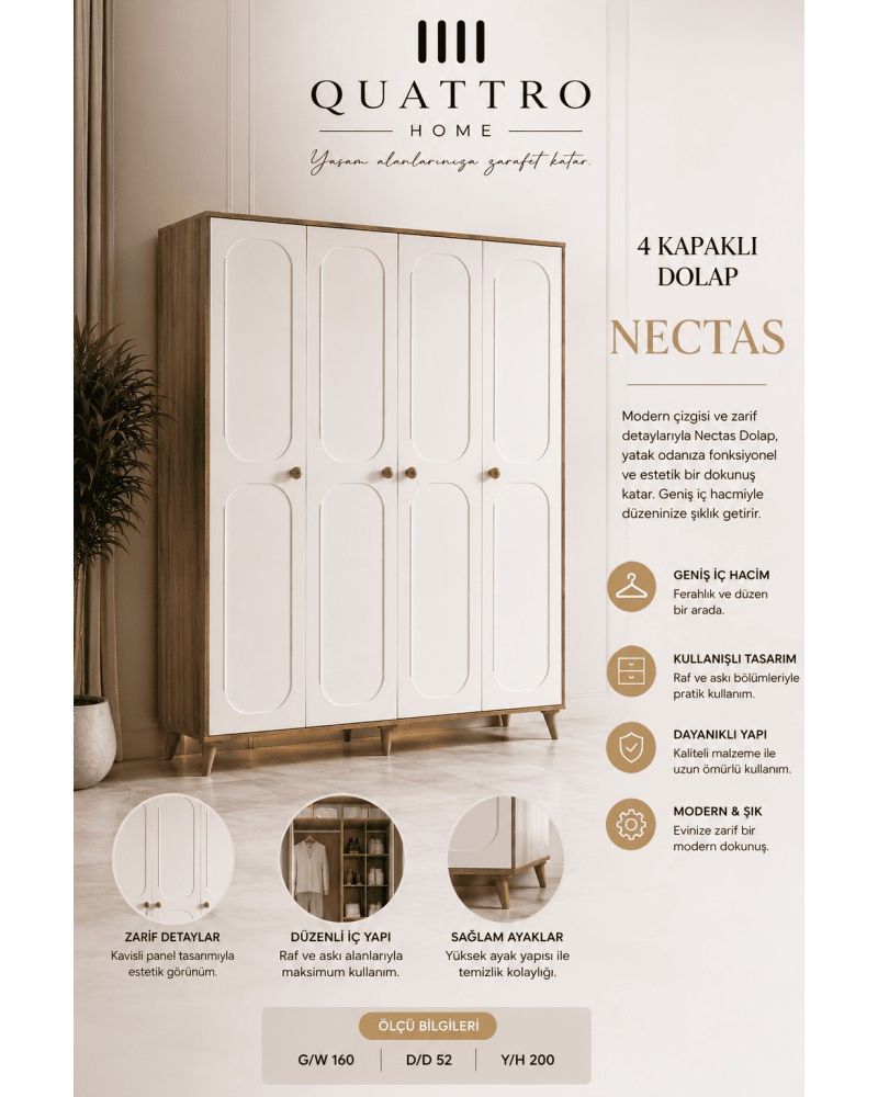 Quattro Home Nectas 4 Kapaklı Dolap – Geniş İç Hacimli Modern Gardırop