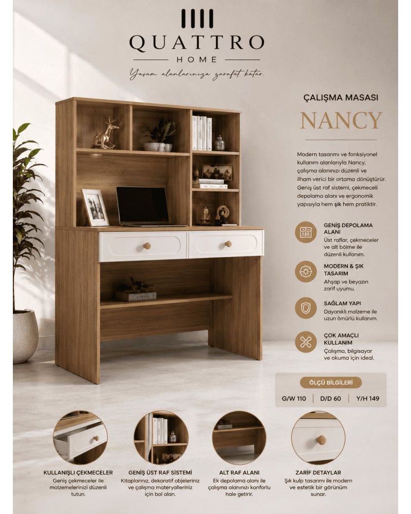 Quattro Home Nancy Çalışma Masası – Raflı ve Çekmeceli Modern Ahşap Çalışma Masası