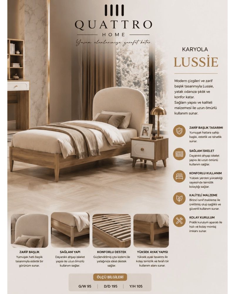 Quattro Home Lussie Karyola – Zarif Başlıklı Modern Ahşap Tek Kişilik Karyola