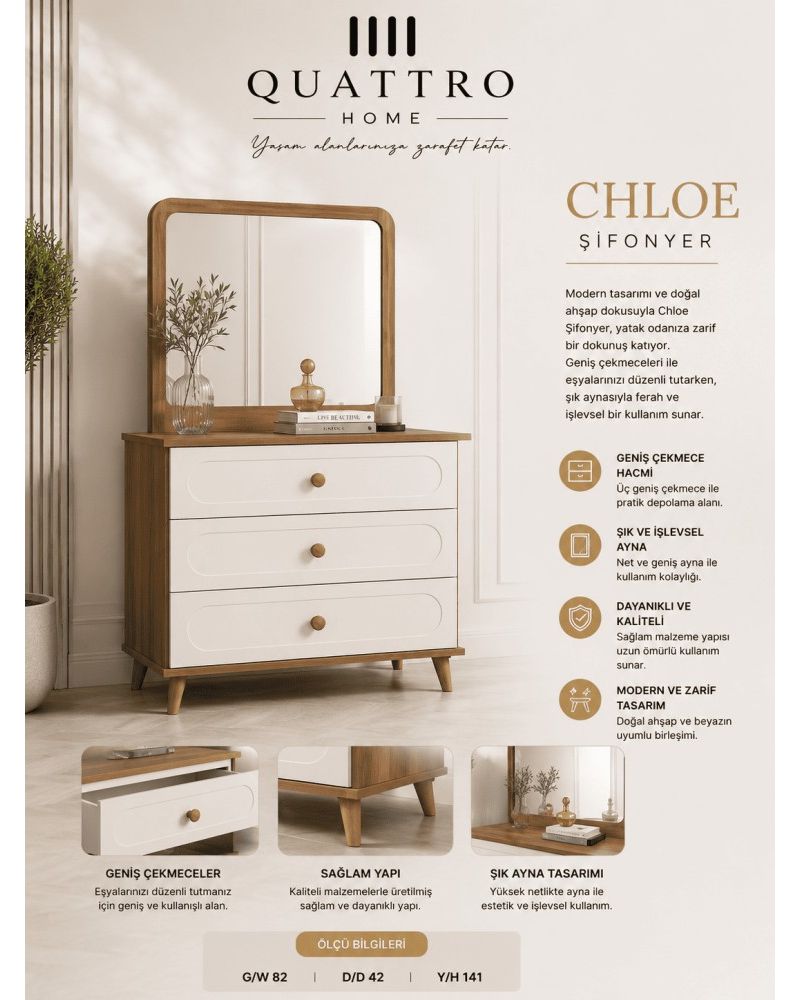 Quattro Home Chloe Aynalı Şifonyer – 3 Çekmeceli Modern Ahşap Beyaz Şifonyer