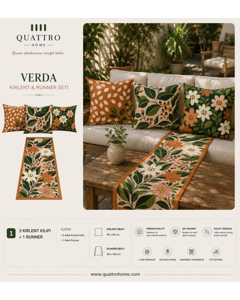 Quattro Home Verda 3 Kırlent Kılıfı + 1 Runner Seti