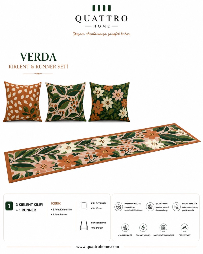 Quattro Home Verda 3 Kırlent Kılıfı + 1 Runner Seti