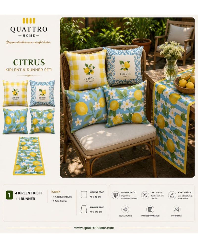 Quattro Home Citrus 4 Kırlent Kılıfı + 1 Runner Seti