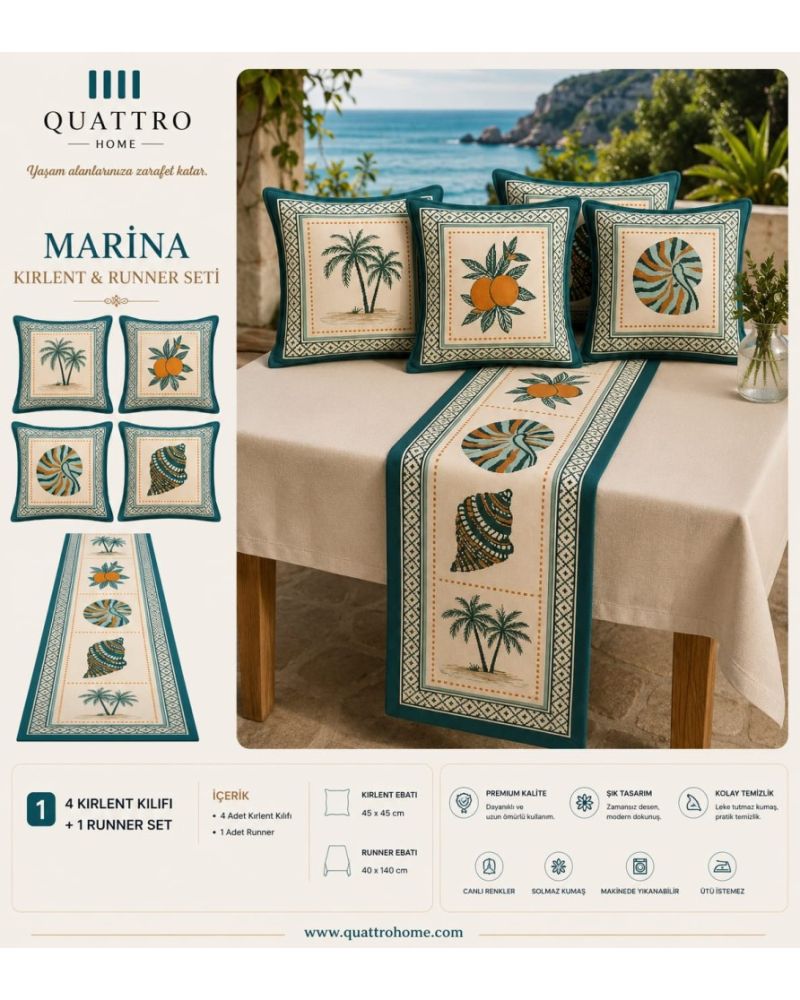 Quattro Home Marina 4 Kırlent Kılıfı + 1 Runner Seti