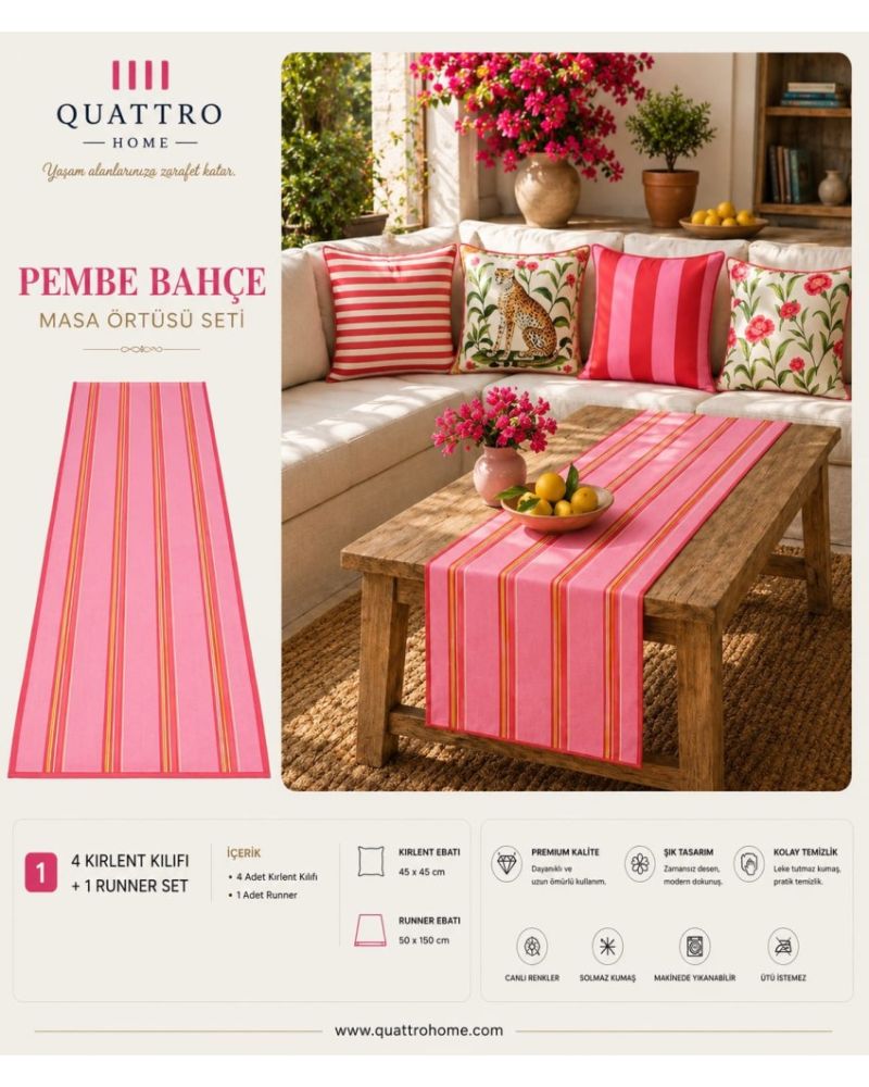 Quattro Home Pembe Bahçe Masa Örtüsü Seti