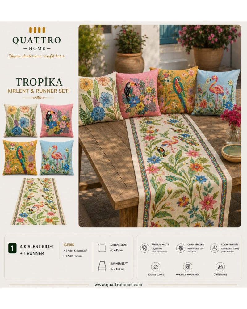 Quattro Home Tropika 4 Kırlent Kılıfı + 1 Runner Seti