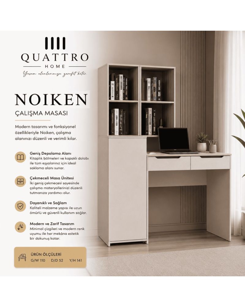 Quattro Home Noiken Çalışma Masası  Kitaplıklı ve Çekmeceli Modern Çalışma M