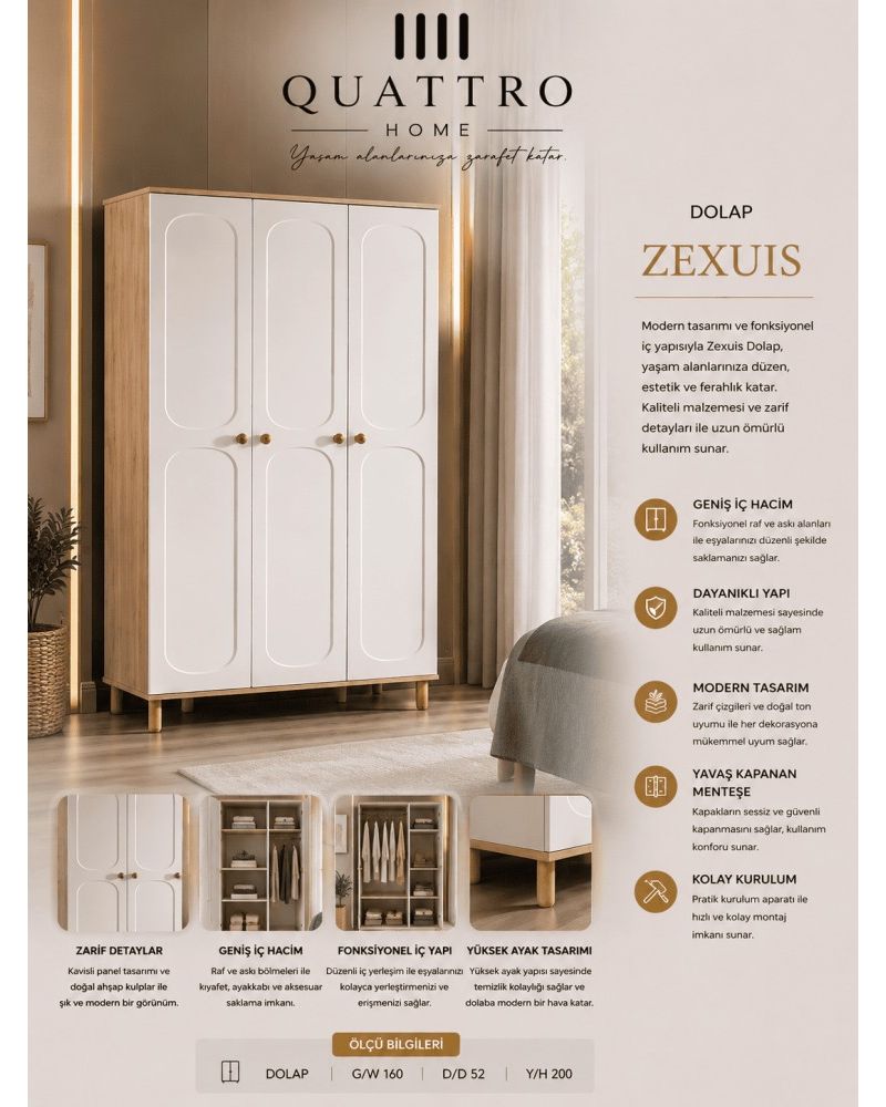 Quattro Home Zexuis Dolap 3 Kapaklı Modern Yatak Odası Gardırobu