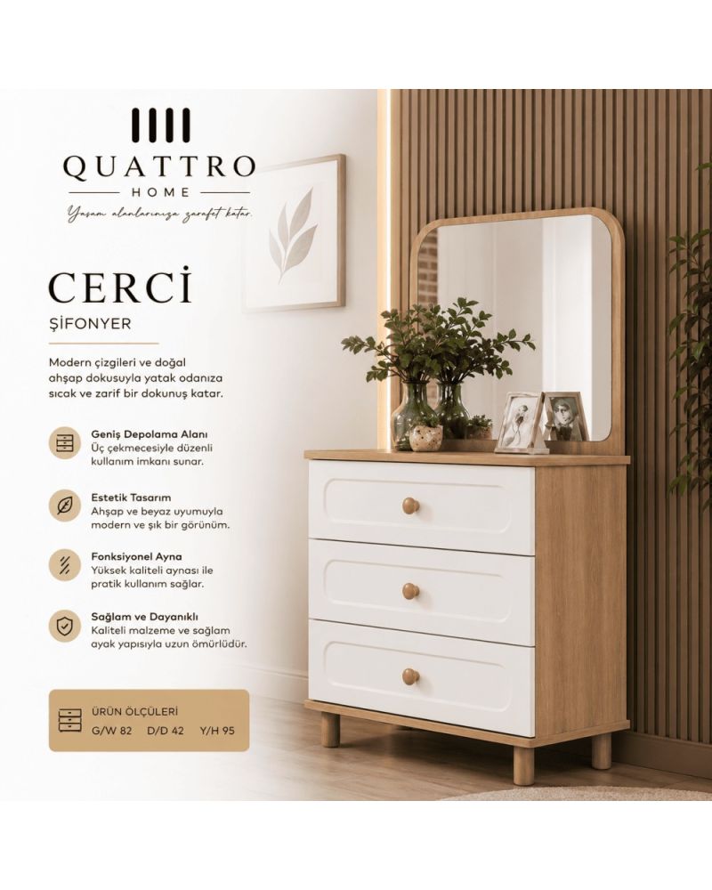 Quattro Home Cerci Şifonyer Aynalı 3 Çekmeceli Modern Yatak Odası Şifonyeri