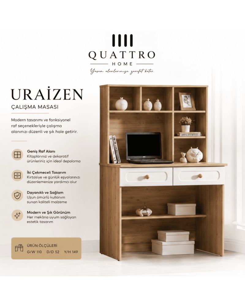 Quattro Home Uraizen Çalışma Masası  Raflı ve 2 Çekmeceli Modern Çalışma Masası