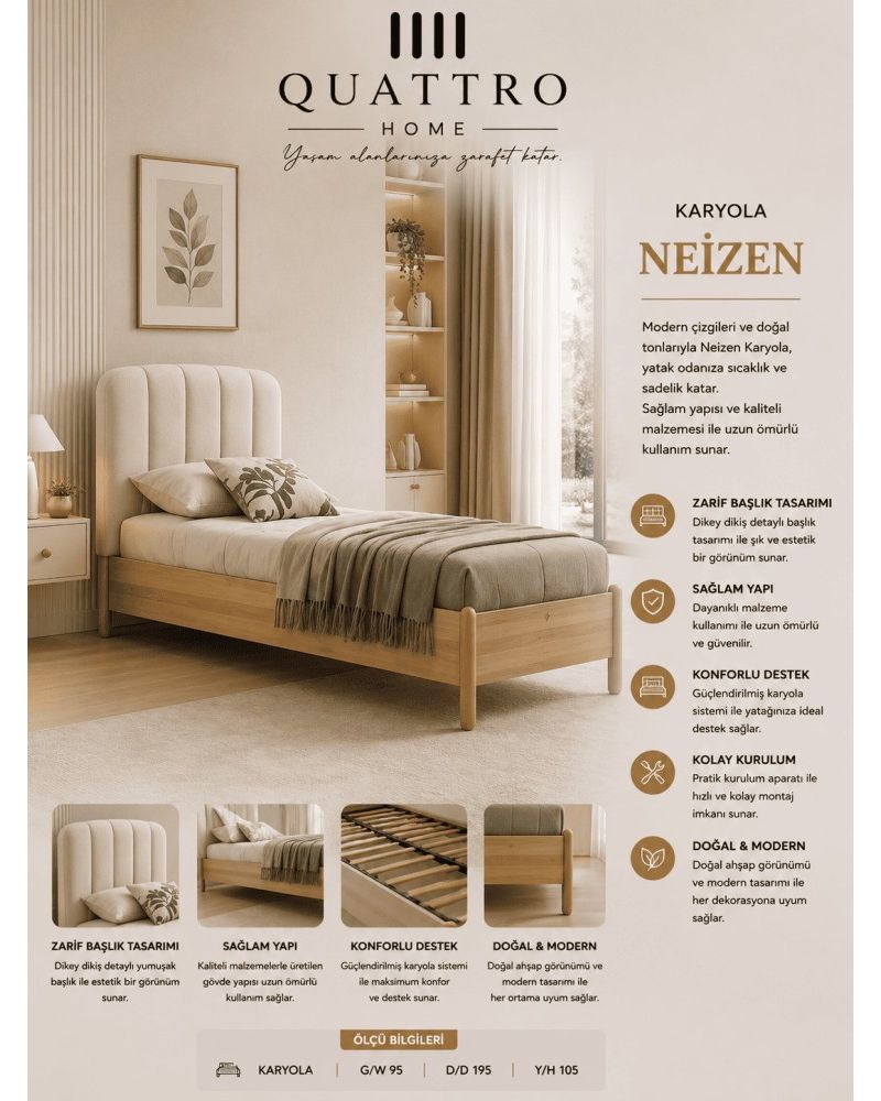Quattro Home Neizen Karyola cm Modern Başlıklı Tek Kişilik Karyola