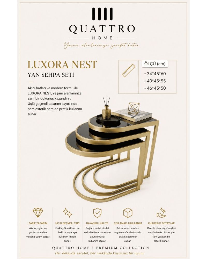 Quattro Home Luxora Nest Oval Üçlü Yan Sehpa Seti Gold Metal Siyah Aynalı Yüzey 34x45x60 40x45x55 46x45x50 cm