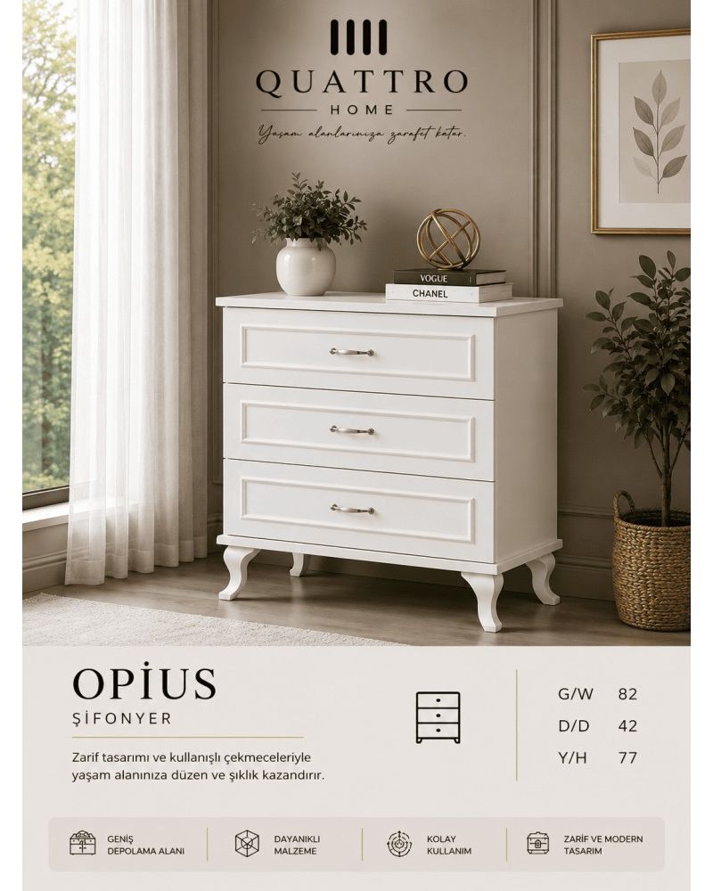 Quattro Home Opius Şifonyer  3 Çekmeceli Beyaz Modern Şifonyer