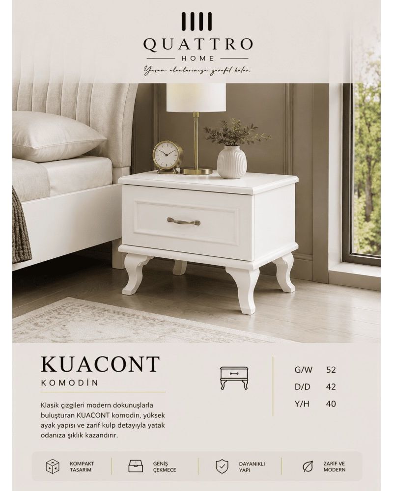 Quattro Home Kuacont Komodin  Beyaz Klasik Modern Yatak Odası Komodini