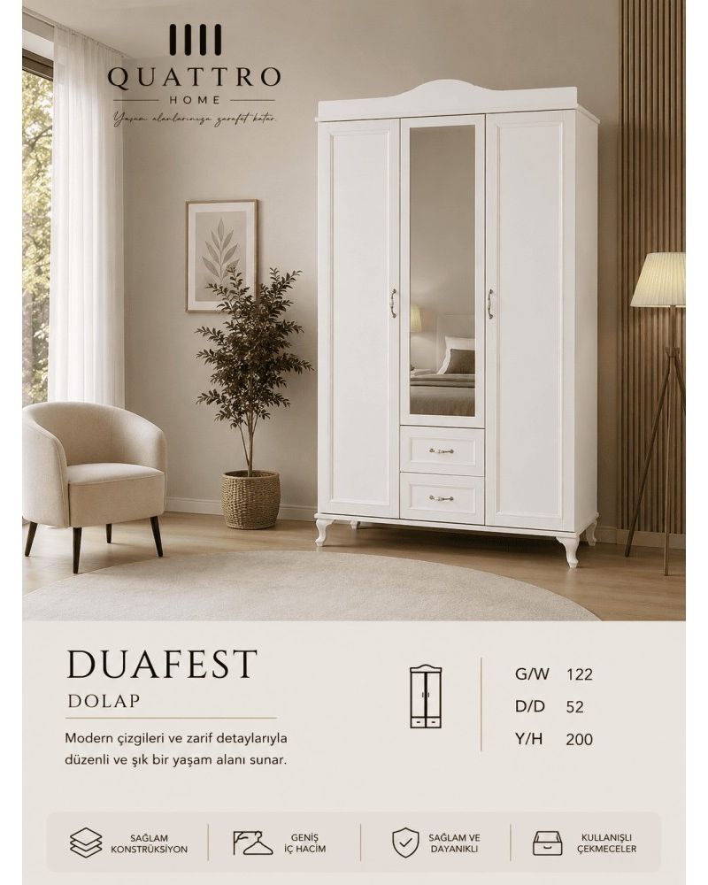 Quattro Home Duafest Dolap Aynalı Beyaz Modern Gardırop