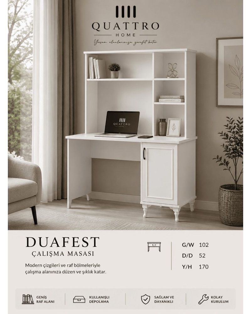 Quattro Home Duafest Çalışma Masası  Raflı Beyaz Modern Çalışma Masası