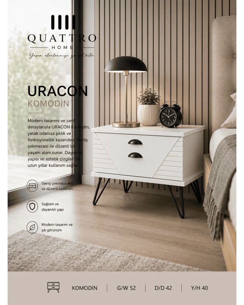 Quattro Home Uracon Komodin Beyaz Modern Çekmeceli Yatak Odası Komodini