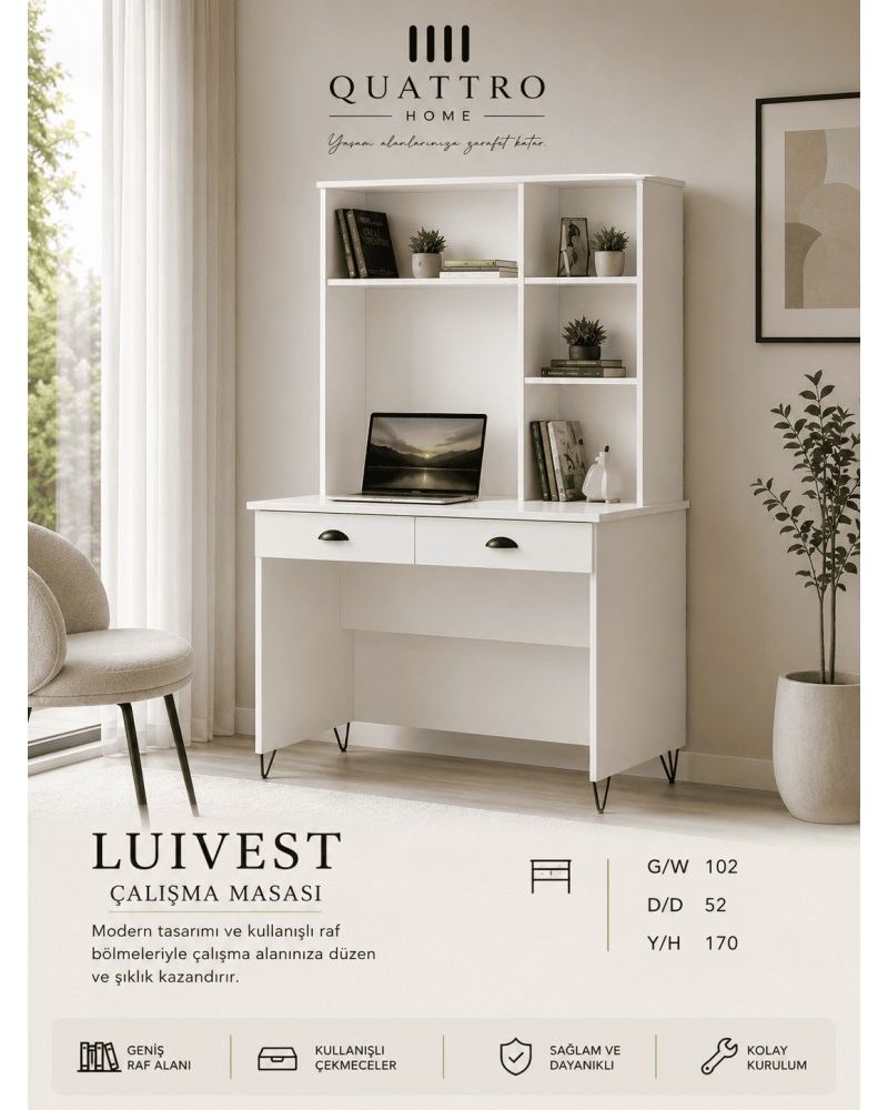 Quattro Home Luivest Çalışma Masası Raflı ve Çekmeceli Beyaz Çalışma Masası