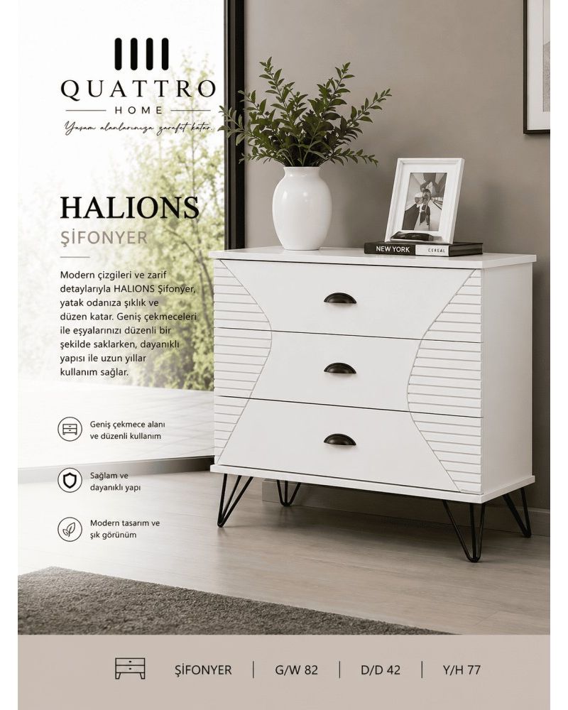 Quattro Home Halions Şifonyer 3 Çekmeceli Beyaz Modern Şifonyer