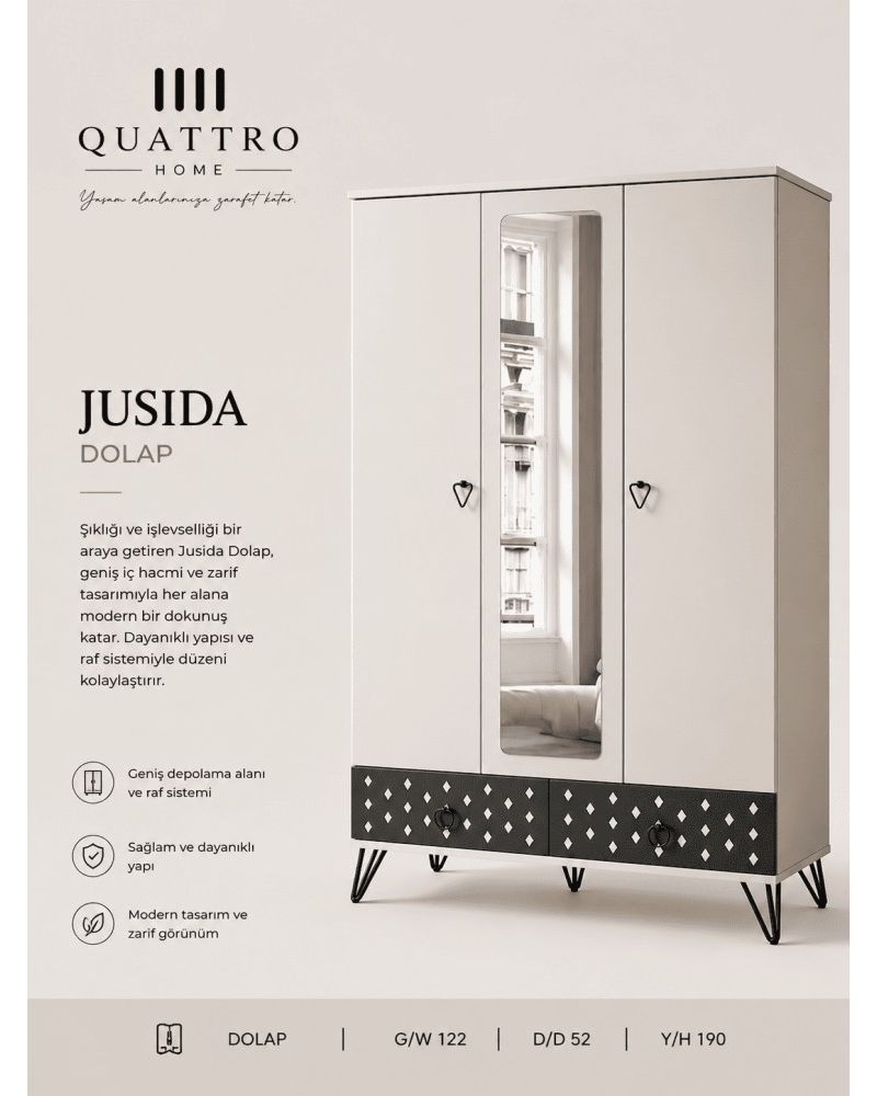 Quattro Home Jusida Dolap Aynalı Modern Gardırop