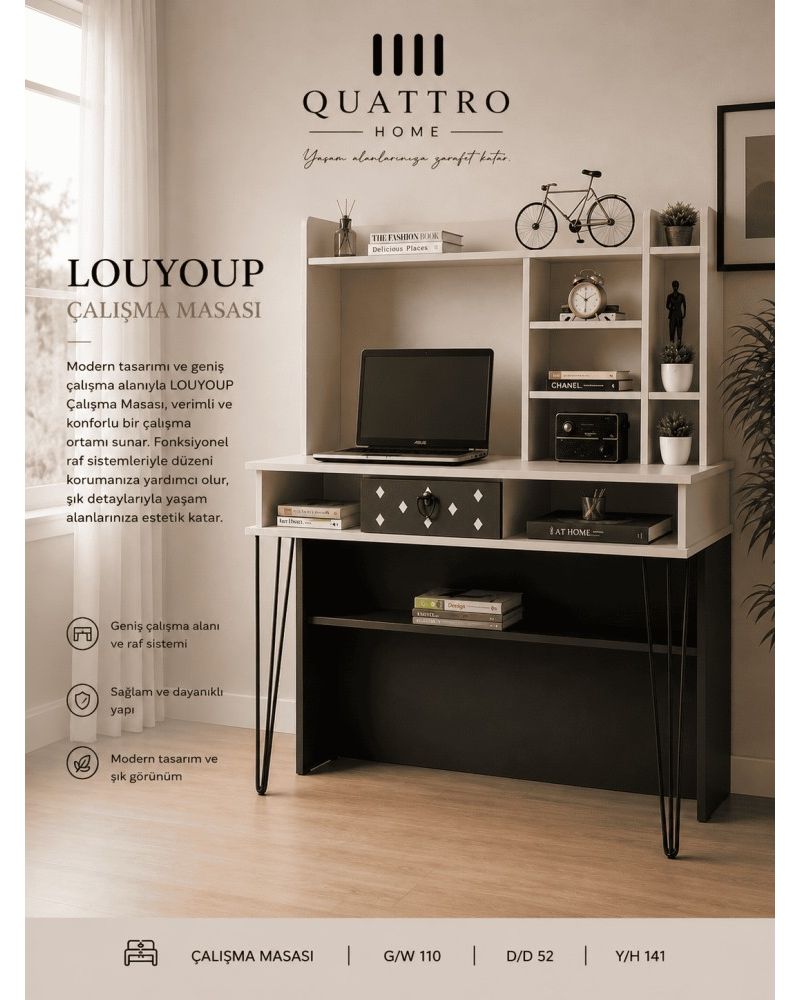 Quattro Home Louyoup Çalışma Masası Raflı Modern Çalışma Masası