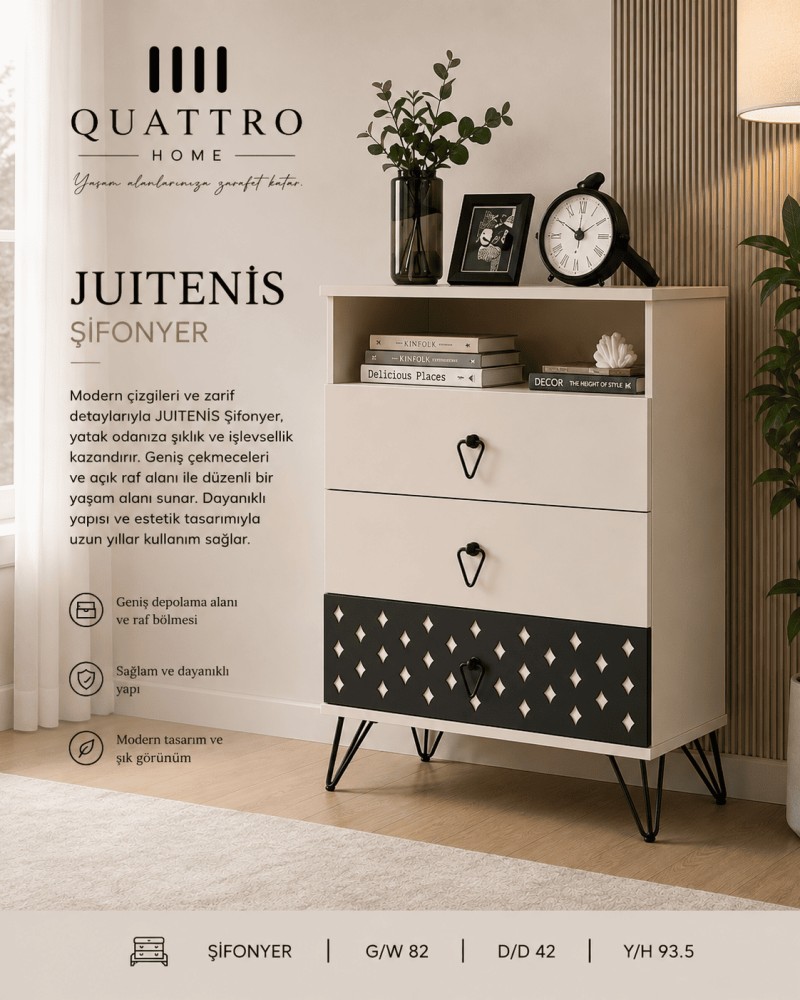 Quattro Home Juitenis Şifonyer Raflı 3 Çekmeceli Modern Şifonyer