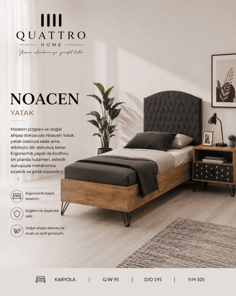 Quattro Home Noacen Yatak  Ergonomik Başlıklı Modern Tek Kişilik Karyola