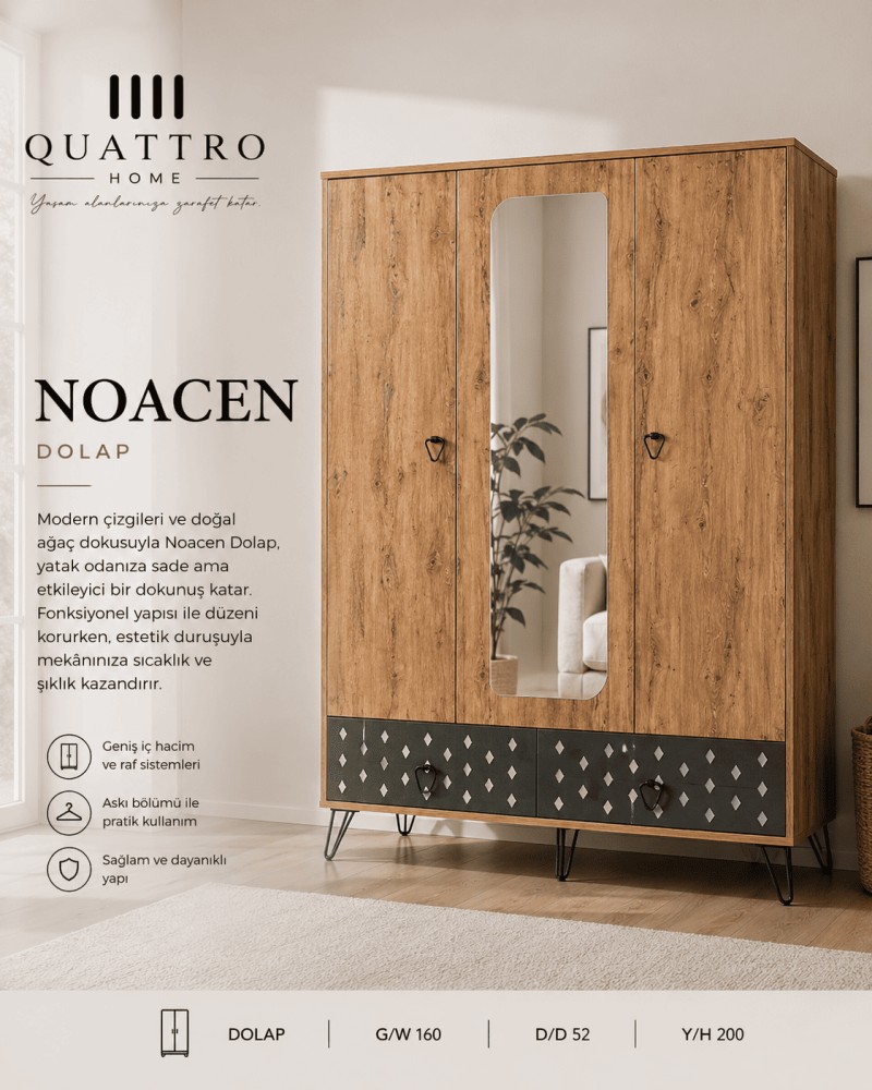 Quattro Home Noacen Dolap  Aynalı Ahşap Görünümlü Modern Gardırop