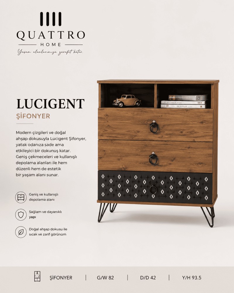 Quattro Home Lucigent Şifonyer  Ahşap Görünümlü Modern Çekmeceli Şifonyer