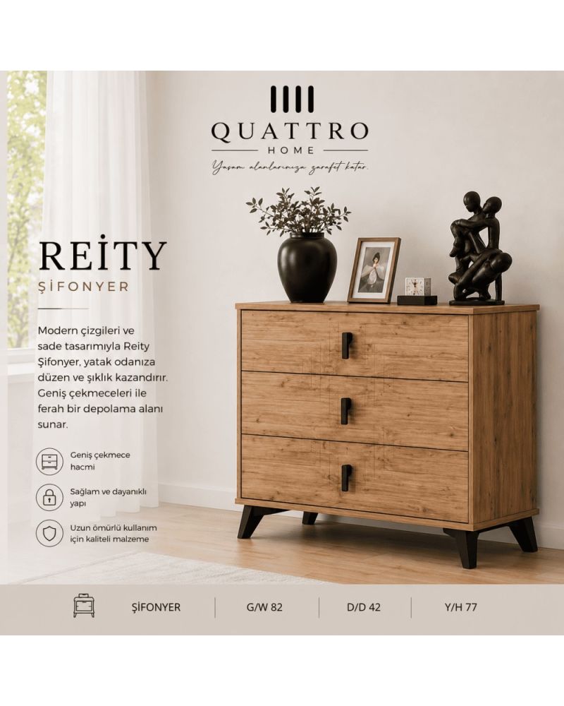 Quattro Home Reity Şifonyer 3 Çekmeceli Ahşap Görünümlü Modern Şifonyer