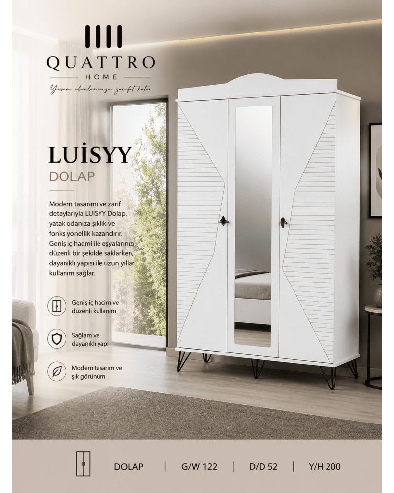 Quattro Home Luisyy Dolap  Aynalı Beyaz Modern Gardırop