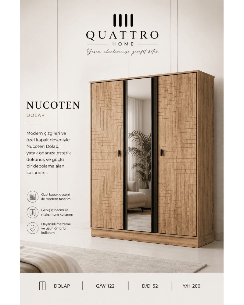 Quattro Home Nucoten Dolap  Aynalı Özel Kapak Desenli Modern Gardırop