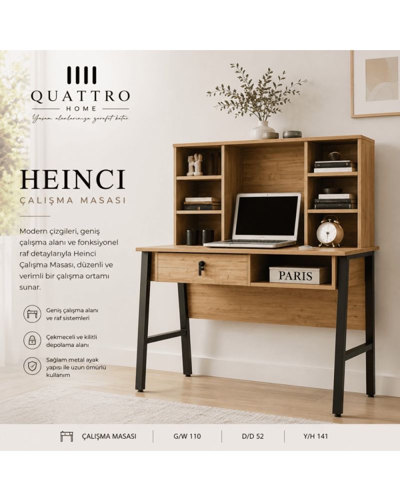 Quattro Home Heinci Çalışma Masası Raflı Kilitli Çekmeceli Modern Masa