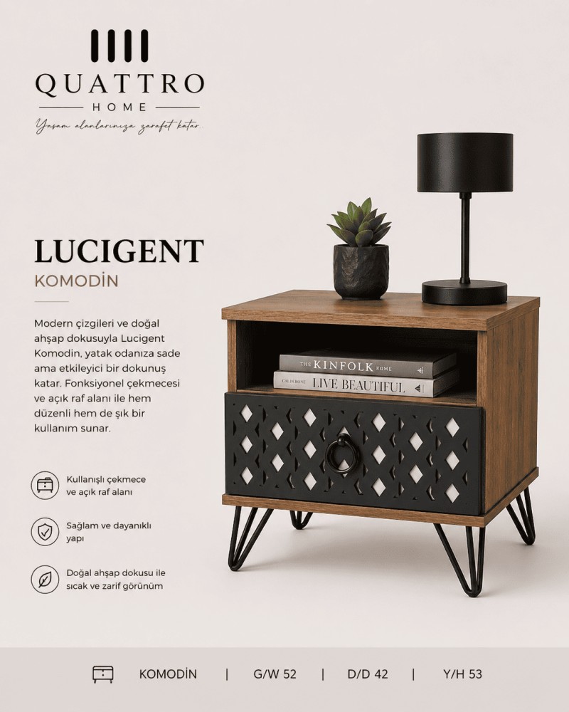 Quattro Home Lucigent Komodin Ahşap Görünümlü Modern Yatak Odası Komodini