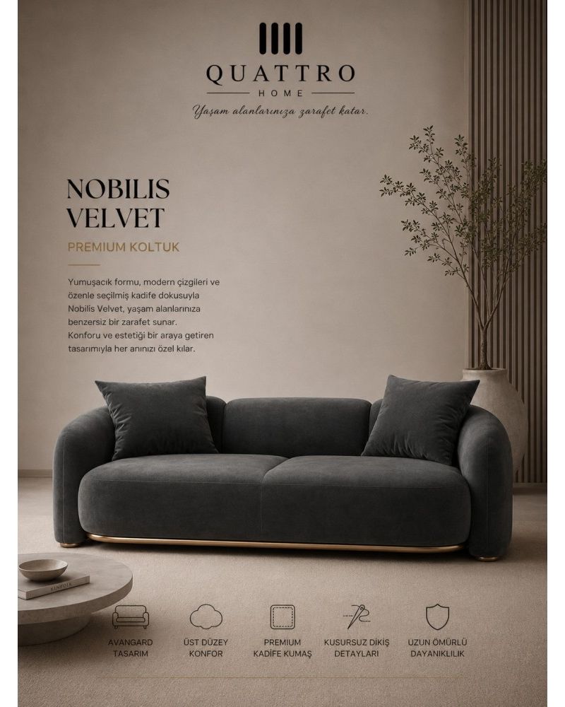 Quattro Home Nobilis Velvet Antrasit Kadife Premium Koltuk